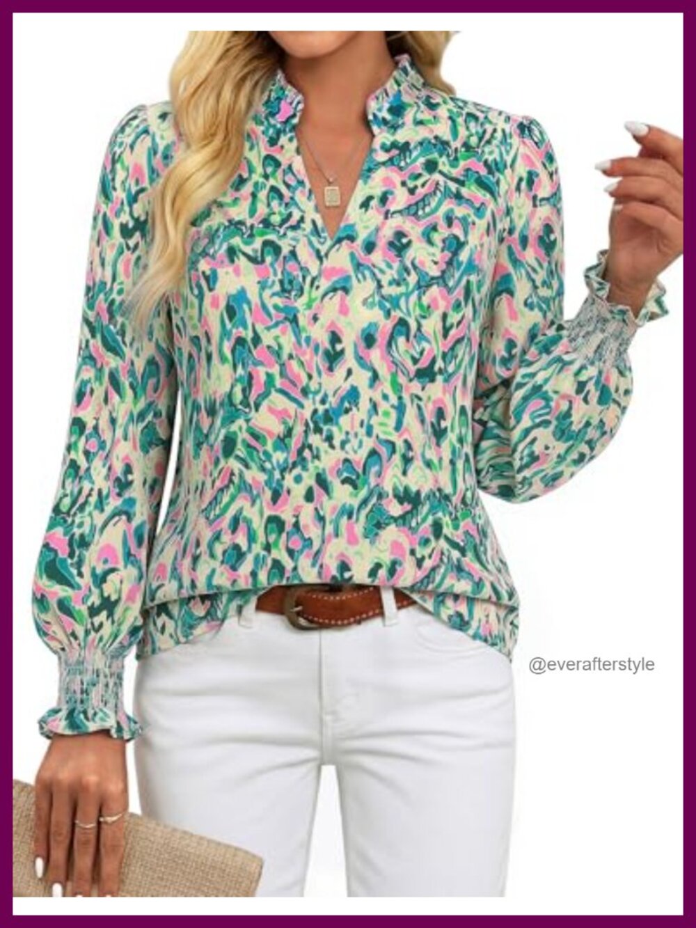 Women's Floral Chiffon Blouse V-Neck Puff Sleeve Business Casual Work Top
